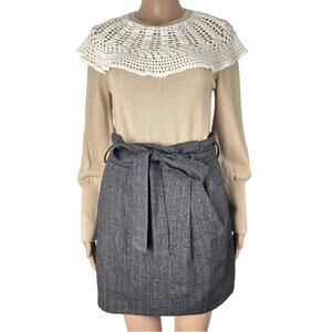 Ulla Johnson Wool Silk Blend Ruched Grey Herringbone Paperbag Tie Waist Skirt